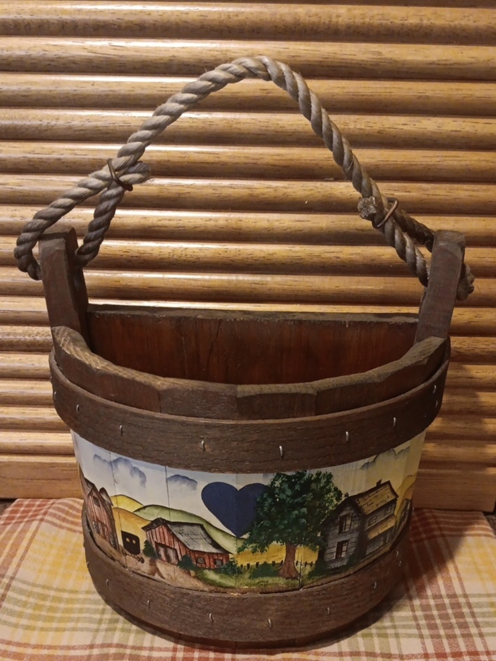 Vintage Half-Wooden Bucket/Wall Pocket Featuring Handpainted Farm Scene.